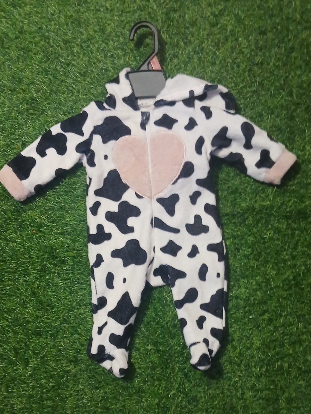 Plush Cow-Print Baby One-Piece with Pink Heart